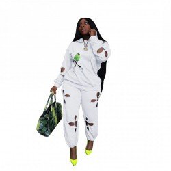  Pure Color Ripped Hooded Casual Suits