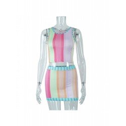 Contrast Color Striped Printing Sleeveless Skirt Sets  Contrast Color Striped Printing Sleeveless Skirt Sets