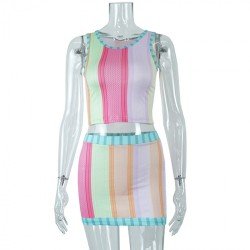  Contrast Color Striped Printing Sleeveless Skirt Sets