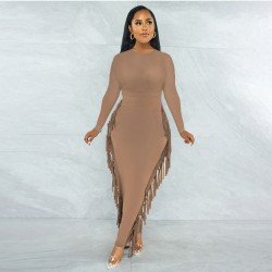 Tassel Casual Solid Long Sleeve Maxi Dress