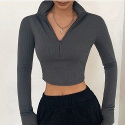 Fall Solid Long Sleeve Half Zipper Tops