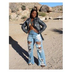  Fashion Pure Color Ripped Women's Denim Jeans