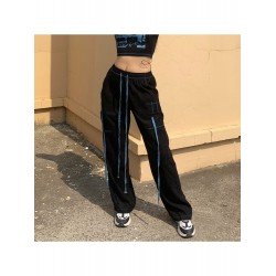 Corduroy Black Straight Leg Drawstring Ladies Trousers  Corduroy Black Straight Leg Drawstring Ladies Trousers