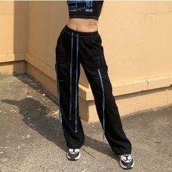  Corduroy Black Straight Leg Drawstring Ladies Trousers