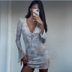 V Neck Printed Long Sleeve Mini Dress