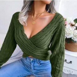  Pure Color Cross V-Neck Navel Sweater