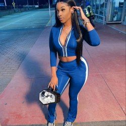  Leisure Zipper Crop Top And Split Hem Trouser Sets