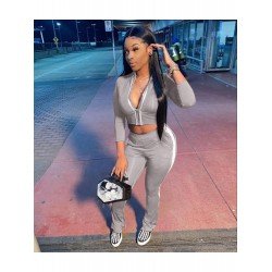 Leisure Zipper Crop Top And Split Hem Trouser Sets  Leisure Zipper Crop Top And Split Hem Trouser Sets