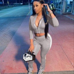  Leisure Zipper Crop Top And Split Hem Trouser Sets