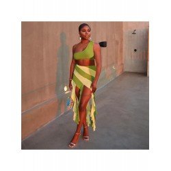 Color Blocking One Shoulder Top And Skirt Sets Color Blocking One Shoulder Top And Skirt Sets