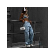 Stylish Straight Loose Leg Blue Cargo Jeans