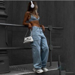 Stylish Straight Loose Leg Blue Cargo Jeans