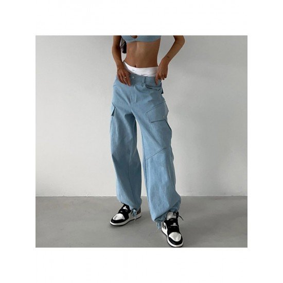 Stylish Straight Loose Leg Blue Cargo Jeans