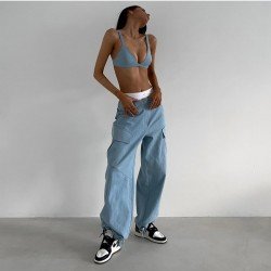 Stylish Straight Loose Leg Blue Cargo Jeans