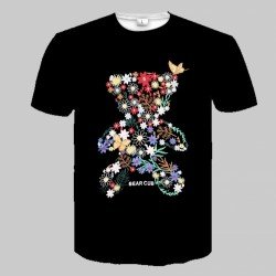 Flower Bear Printed Black Short Sleeve Tees For Men