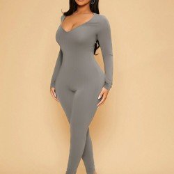  Sexy Skinny V-Neck Pure Color Women's Jumpsuit