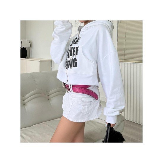 Letter Printed Black Hooded Collar Crop Coats Letter Printed Black Hooded Collar Crop Coats