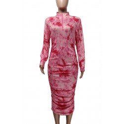 Slim Tie Dyed Women's Pink Long Sleeve Dress  Slim Tie Dyed Women's Pink Long Sleeve Dress