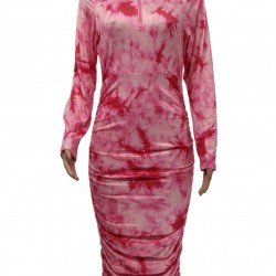  Slim Tie Dyed Women's Pink Long Sleeve Dress
