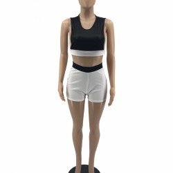  Summer Contrast Color Top And Short Women's Suit