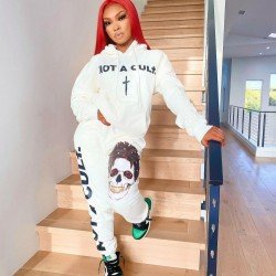 Skull Hooded White 2 Piece Jogger Sets For Women