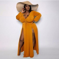  Casual Loose Split Hem Pure Color Long Dress