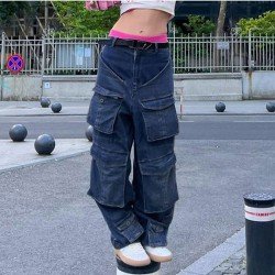 Wide Leg Blue Pockets Design Low Rise Jeans