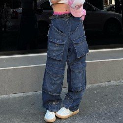 Wide Leg Blue Pockets Design Low Rise Jeans
