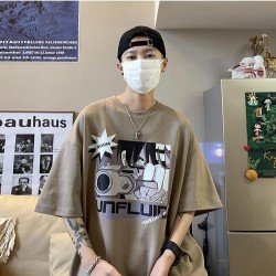  Fashion Cartoon Pattern Men Loose Tee