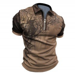  Men's Casual Printing Zipper Up Short Sleeve Polo Shirt