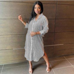  Fashion Casual Striped Split Hem Women's Dress