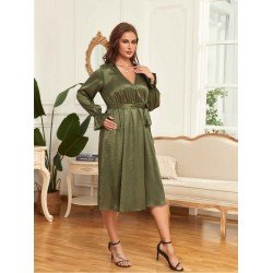 Ladies Solid Long Sleeve V Neck Plus Size Dresses