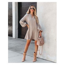 Autumn V-Neck Solid Color Puff Sleeve Dress  Autumn V-Neck Solid Color Puff Sleeve Dress