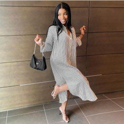  Fashion Casual Striped Split Hem Women's Dress