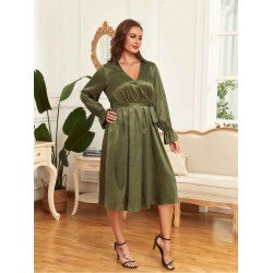 Ladies Solid Long Sleeve V Neck Plus Size Dresses