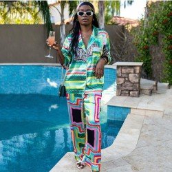  Geometric Print Casual Matching Blouse And Trouser Sets