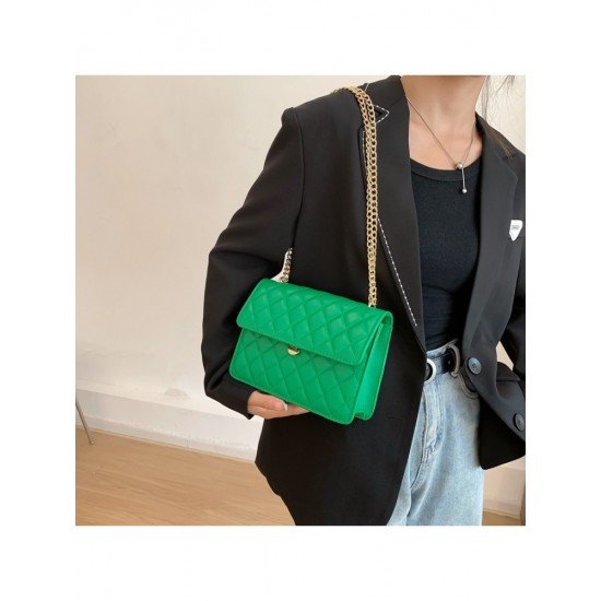  Simple PU Rhombus Lattice Pure Color Chain Bag