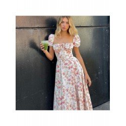 Summer Square Collar Puff Sleeve Floral Women's Dress  Summer Square Collar Puff Sleeve Floral Women's Dress