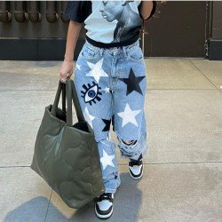 Star Printed Ripped Blue Casual Jeans