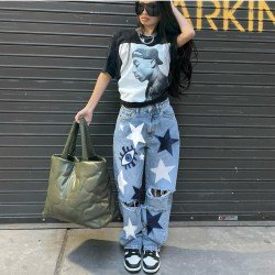 Star Printed Ripped Blue Casual Jeans