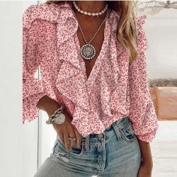Casual Loose Letter Floral V-Neck Women's Shirt