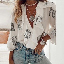 Casual Loose Letter Floral V-Neck Women's Shirt