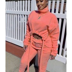 Solid Turtle Neck Simple Matching 2 Piece Trouser Sets