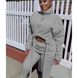 Solid Turtle Neck Simple Matching 2 Piece Trouser Sets