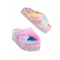 Women's Plush Cross Rhinestone Fur Slippers  Women's Plush Cross Rhinestone Fur Slippers