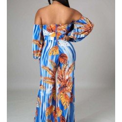 Fashion Printing Off Shoulder Puff Sleeve Jumpsuit