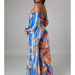 Fashion Printing Off Shoulder Puff Sleeve Jumpsuit