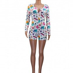  Tight Geometric Print Long Sleeve Women's Rompers