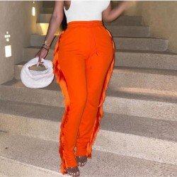 Tassel Elastic Waist Solid Women Trouser Pants