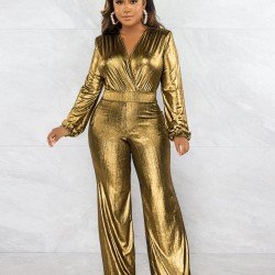  Pure Color V-Neck Women's Long Sleeve Jumpsuit